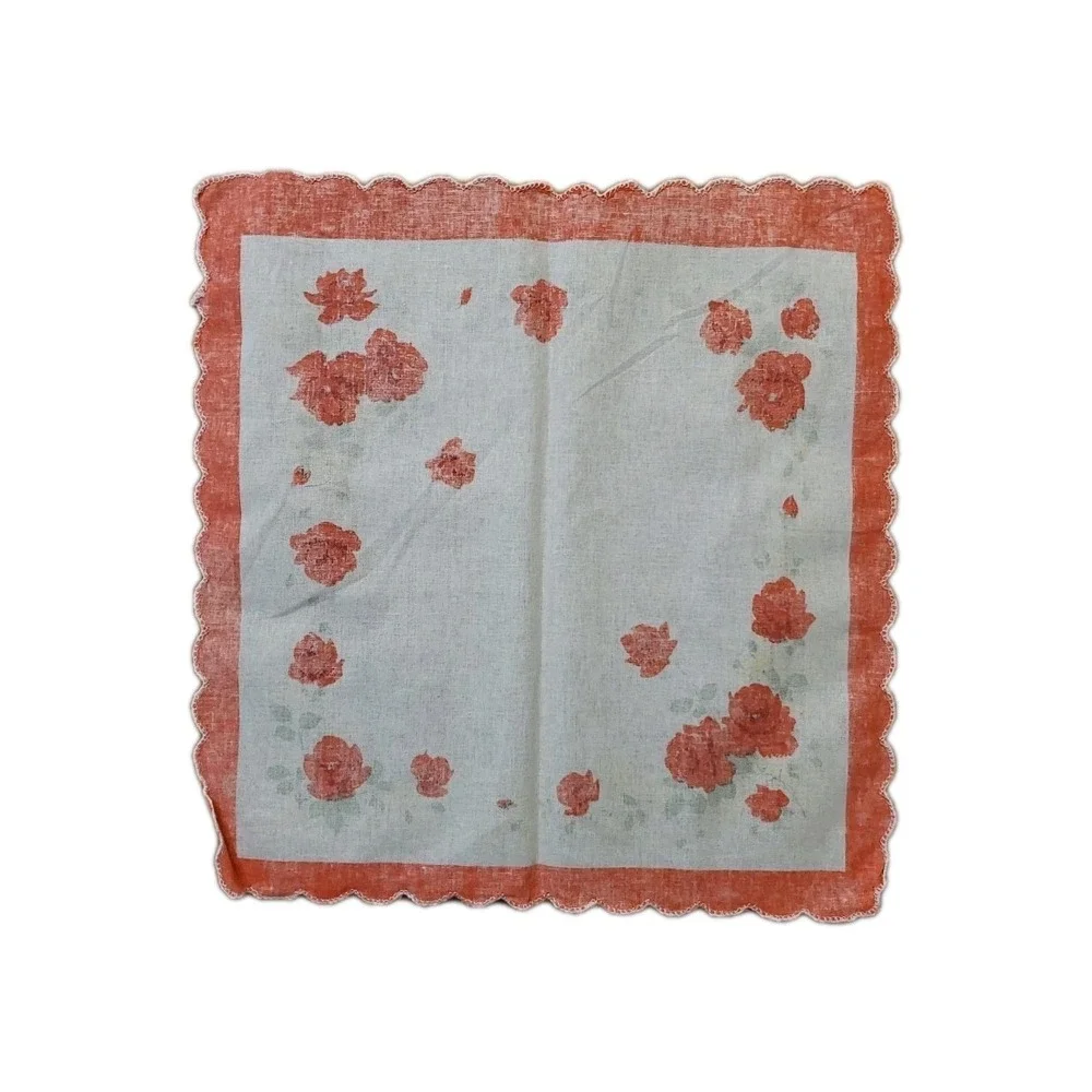 Linen Red Rose Floral Handkerchief Scalloped Cottage Core Bridesmaid Granny